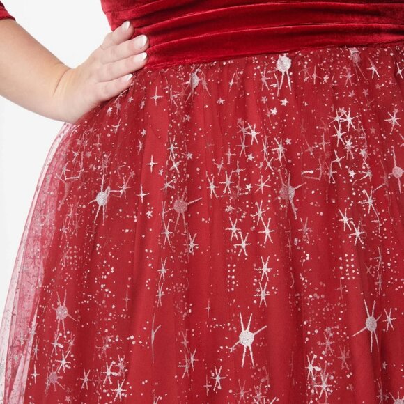 Unique Vintage Marceline Velvet & Tulle Swing Dress. 2XL. Burgundy Red. - Picture 3 of 13